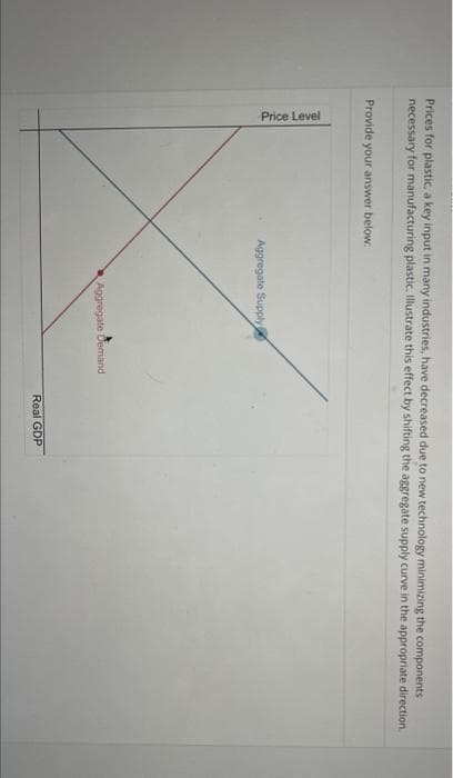 Price Level
Prices for plastic, a key input in many industries, have decreased due to new technology minimizing the components
necessary for manufacturing plastic. Illustrate this effect by shifting the aggregate supply curve in the appropriate direction.
Provide your answer below:
Aggregate Supply
Aggregate Demand
Real GDP
