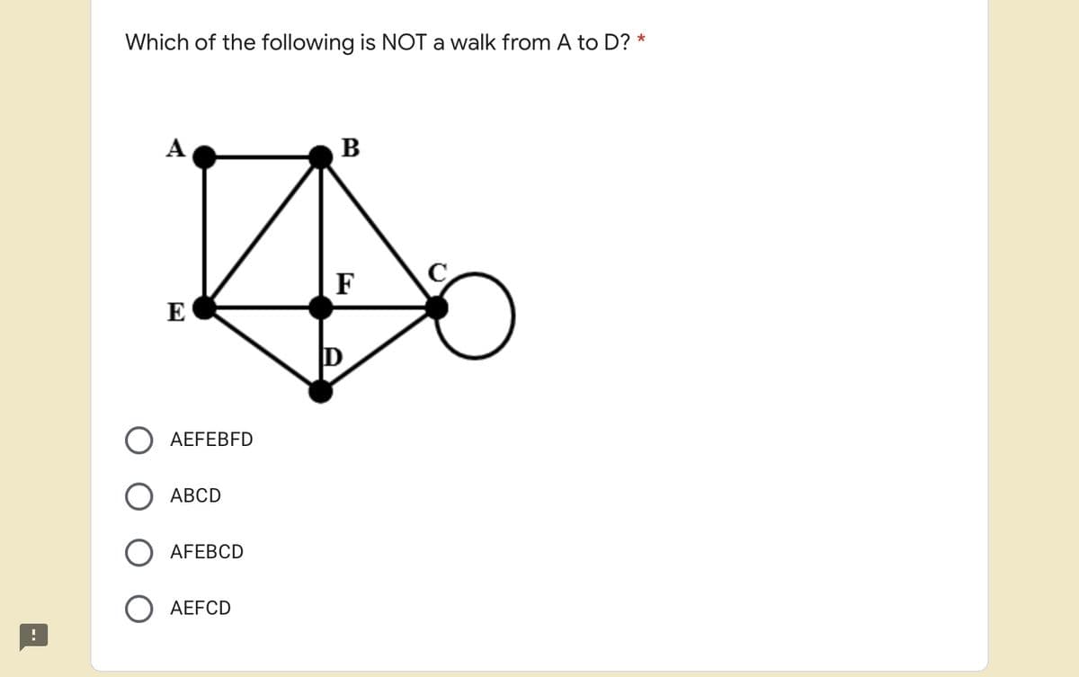 Which of the following is NOT a walk from A to D? *
A
B
F
E
D
O AEFEBFD
O ABCD
O AFEBCD
О АEFCD
--
