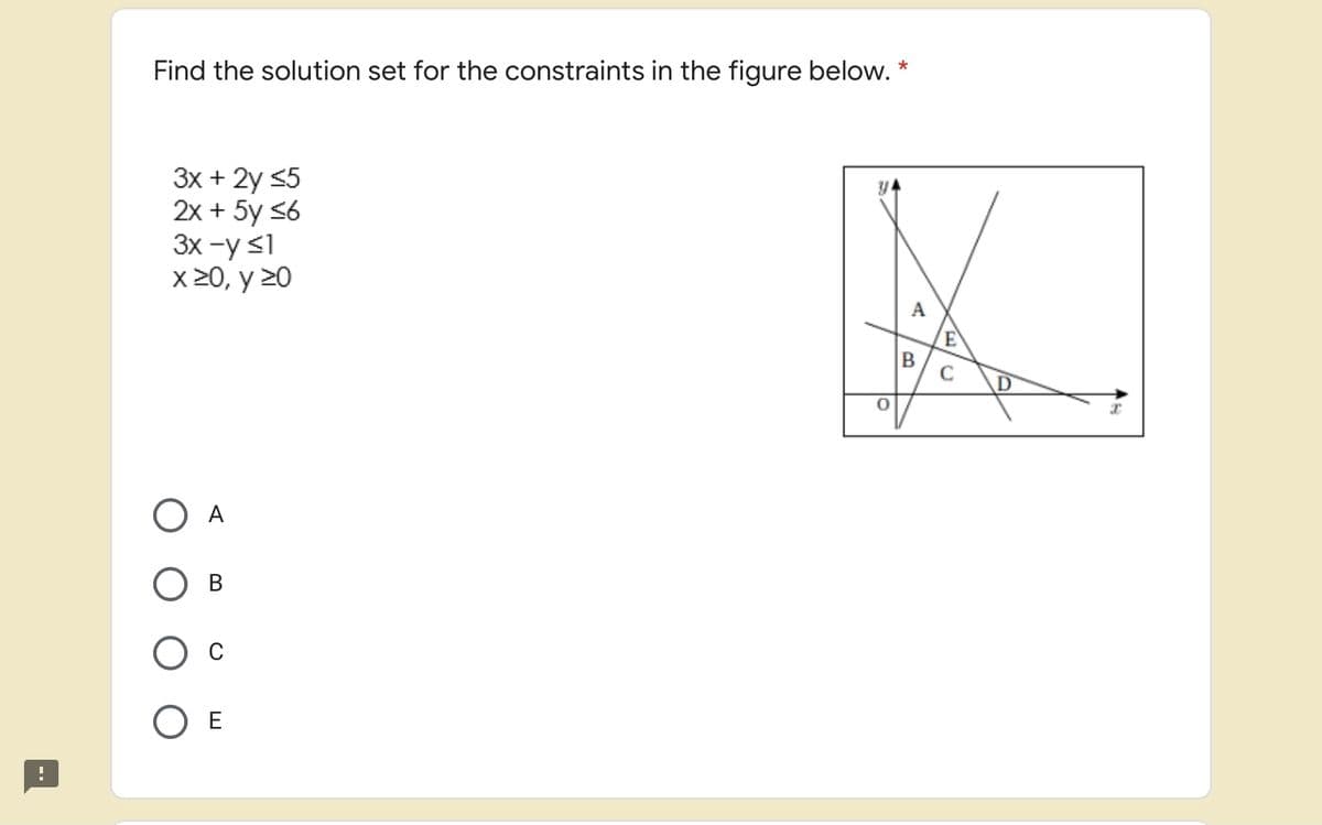 Find the solution set for the constraints in the figure below. *
3x + 2y <5
2х + 5y s6
3x -y s1
x 20, y 20
O A
В
O E
