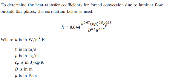 To determine the heat transfer coefficients for forced convection due to laminar flow
outside flat plates, the correlation below is used.
k0.67 (vp)0.5 c0.33
D0.5u0.17
h = 0.644
Where h is in W/m²-K
v is in m/s
p is in kg/m³
Cp is in J/kg-K
D is in m
µ is in Pa-s
