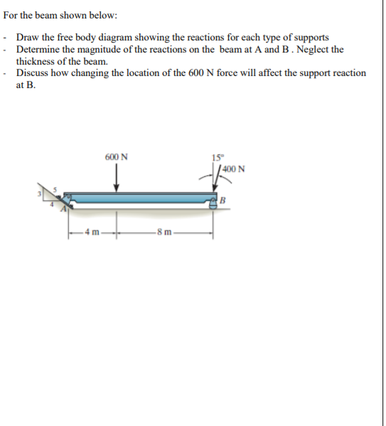 For the beam shown below:
- Draw the free body diagram showing the reactions for each type of supports
Determine the magnitude of the reactions on the beam at A and B. Neglect the
thickness of the beam.
Discuss how changing the location of the 600 N force will affect the support reaction
at B.
600 N
| 400 N
-8 m
