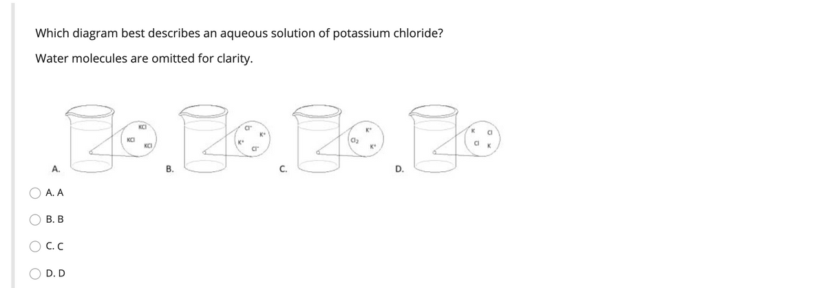 Which diagram best describes an aqueous solution of potassium chloride?
Water molecules are omitted for clarity.
KCI
a
K+
K*
K
CI
KCI
KCI
K+
K+
А.
В.
С.
D.
А. А
В. В
С. С
D. D
