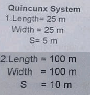 Quincunx System
1.Length= 25 m
Width = 25 m
S= 5 m
2.Length = 100 m
%3D
Width = 100 m
= 10 m
