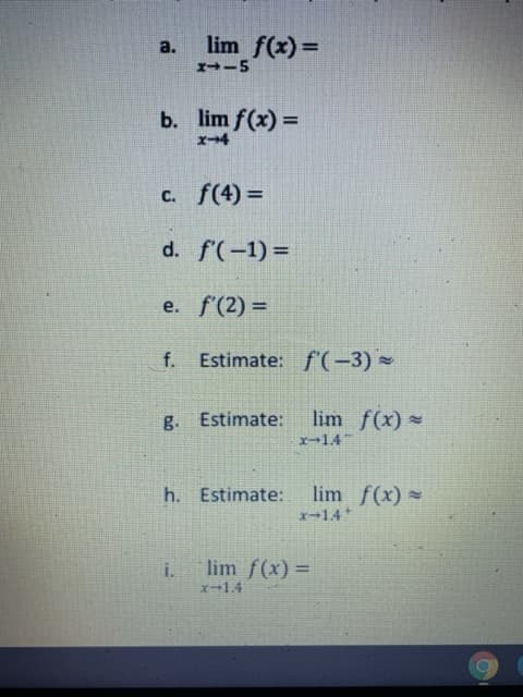 a.
%3D
= (x) w
b. lim f(x) =
%3D
C. f(4) =
%3D
d. f'(-1) =
%3D
e. f'(2) =
!!
Estimate: f'(-3) -
g. Estimate:
- (x)/ u
x-14
h. Estimate:
lim f(x) =
X-14
%3D
= (x)/ w T
x-1.4
