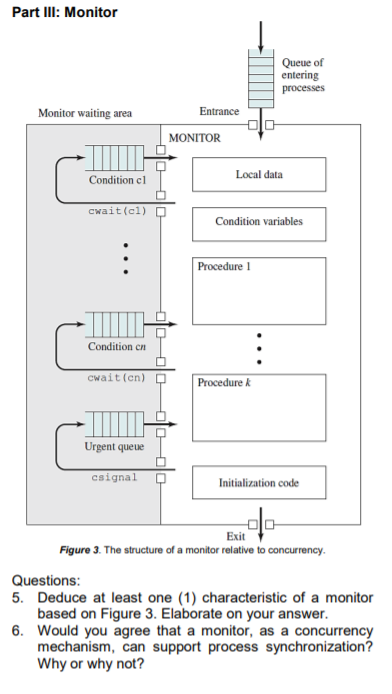 Part II: Monitor
Queue of
entering
processes
Monitor waiting area
Entrance
MONITOR
Local data
Condition cl
cwait(cl)
Condition variables
Procedure 1
Condition en
Cwait (cn)
Procedure k
Urgent queue
csignal
Initialization code
Exit
Figure 3. The structure of a monitor relative to concurrency.
Questions:
5. Deduce at least one (1) characteristic of a monitor
based on Figure 3. Elaborate on your answer.
6. Would you agree that a monitor, as a concurrency
mechanism, can support process synchronization?
Why or why not?
