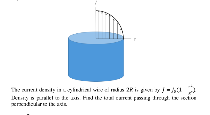 The current density in a cylindrical wire of radius 2R is given by = J.(1 -).
Density is parallel to the axis. Find the total current passing through the section
perpendicular to the axis.
