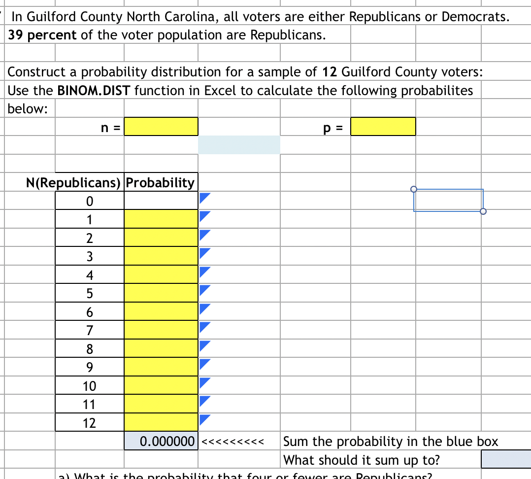 In Guilford County North Carolina, all voters are either Republicans or Democrats.
39 percent of the voter population are Republicans.
Construct a probability distribution for a sample of 12 Guilford County voters:
Use the BINOM. DIST function in Excel to calculate the following probabilites
below:
n =
N(Republicans) Probability
1
2
3
4
7
8
9.
10
11
12
0.000000|<<<<<<<<<
Sum the probability in the blue box
What should it sum up to?
