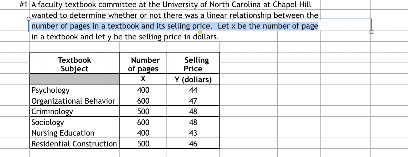 #1|A faculty textbook committee at the University of North Carolina at Chapel Hll
wanted to determine whether or not there was a linear relationship between the
number of pages in a textbook and its selling price. Let x be the number of page
in a textbook and let y be the selling price in dollars.
Selling
Price
Textbook
Number
Subject
of pages
Y (dollars)
Psychology
Organizational Behavior
Criminology
Sociology
Nursing Education
400
44
600
47
500
48
600
48
400
43
Residential Construction
500
46
