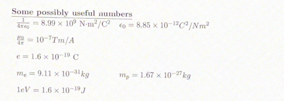 Some possibly useful numbers
= 8.99 x 10° N m2/C2 €0 = 8.85 x 10-12C²/Nm2
4TEO
%3D
= 10-7Tm/A
e = 1.6 x 1019 C
me = 9.11 x 10-31kg
mp = 1.67 x 10-27kg
%3D
leV = 1.6 x 10-19 J
