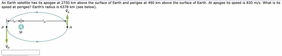 An Earth satellite has its apogee at 2750 km above the surface of Earth and perigee at 490 km above the surface of Earth. At apogee its speed is 830 m/s. What is its
speed at perigee? Earth's radius is 6378 km (see below).
A
M
Vp
