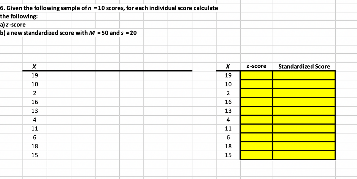 6. Given the following sample of n = 10 scores, for each individual score calculate
the
following:
a) z-score
b) a new standardized score with M = 50 and s = 20
X
19
10
2
16
13
4
11
6
18
15
X
19
10
2
6341618 15
z-score
Standardized Score
