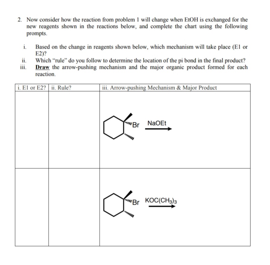 2. Now consider how the reaction from problem 1 will change when EtOH is exchanged for the
new reagents shown in the reactions below, and complete the chart using the following
prompts.
Based on the change in reagents shown below, which mechanism will take place (El or
E2)?
ii.
i.
Which "rule" do you follow to determine the location of the pi bond in the final product?
ii.
Draw the arrow-pushing mechanism and the major organic product formed for each
reaction.
i. El or E2? ii. Rule?
iii. Arrow-pushing Mechanism & Major Product
'Br
NaOEt
KOC(CH3)3
