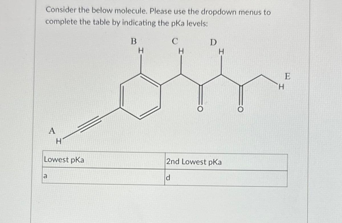 Consider the below molecule. Please use the dropdown menus to
complete the table by indicating the pka levels:
A
a
H
Lowest pKa
B
H
C
H
D
2nd Lowest pKa
d
E
H