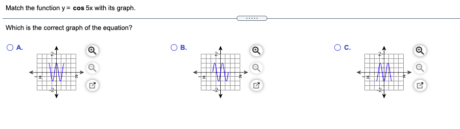 Match the function y = cos 5x with its graph.
.....
Which is the correct graph of the equation?
O A.
OB.
Oc.
