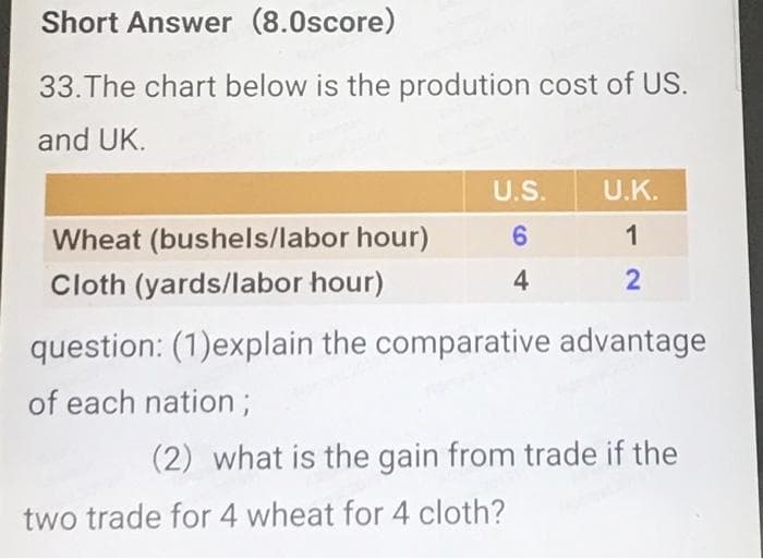 Short Answer (8.0score)
33. The chart below is the prodution cost of US.
and UK.
U.S.
U.K.
Wheat (bushels/labor hour)
6
1
Cloth (yards/labor hour)
4
2
question: (1) explain the comparative advantage
of each nation;
(2) what is the gain from trade if the
two trade for 4 wheat for 4 cloth?