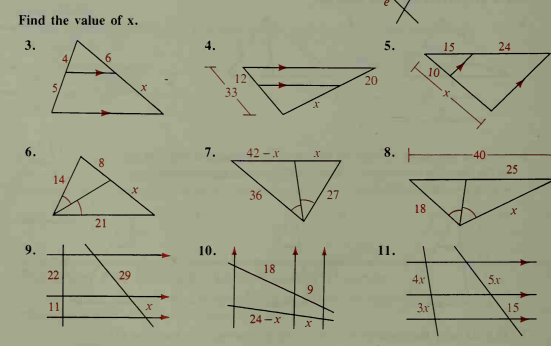 Find the value of x.
3.
5.
15
24
4,
L10
12
20
33
7.
42 -x
40
25
14
36
27
18
21
9.
10.
11.
18
22
29
4x
5x
11
3x
15
24 -x
