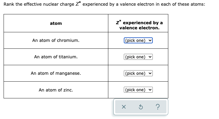 Rank the effective nuclear charge Z* experienced by a valence electron in each of these atoms:
z* experienced by a
valence electron.
atom
An atom of chromium.
(pick one)
An atom of titanium.
|(pick one)
An atom of manganese.
|(pick one) v
An atom of zinc.
|(pick one) v
