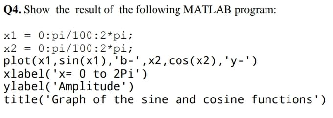 Q4. Show the result of the following MATLAB program:
0:pi/100:2*pi;
x2 = 0:pi/100:2*pi;
plot(x1,sin(x1),'b-',x2,cos(x2),'y-')
xlabel('x= 0 to 2Pi')
ylabel('Amplitude')
title('Graph of the sine and cosine functions')
x1
