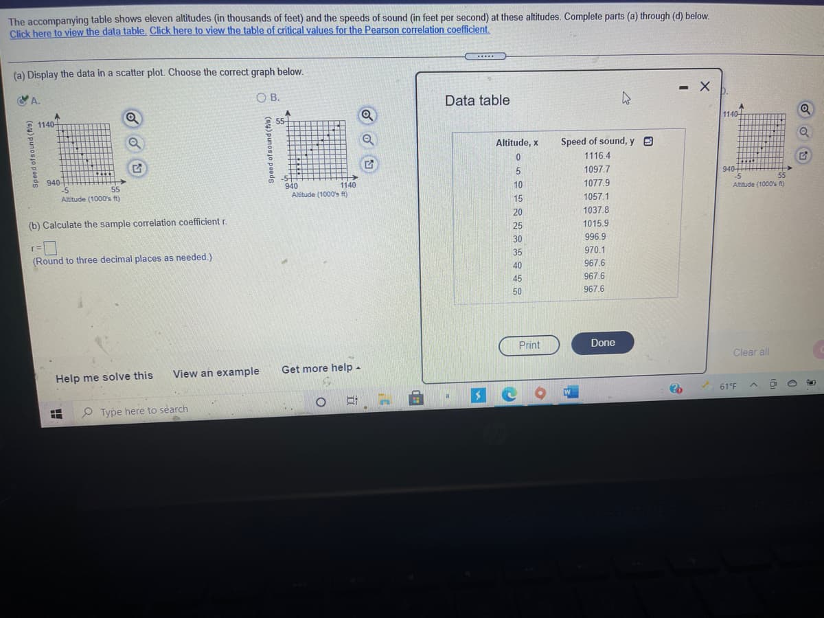 The accompanying table shows eleven altitudes (in thousands of feet) and the speeds of sound (in feet per second) at these altitudes. Complete parts (a) through (d) below.
Click here to view the data table. Click here to view the table of critical values for the Pearson correlation coefficient.
.....
(a) Display the data in a scatter plot. Choose the correct graph below.
- X
p.
VA.
OB.
Data table
1140-
3 55
1140-
Altitude, x
Speed of sound, y O
1116.4
5.
1097.7
940-
-5
Altitude (1000's ft)
55
-5+
940
-5
940
Altitude (1000's ft)
1140
1077.9
10
55
Altitude (1000's ft)
15
1057.1
20
1037.8
(b) Calculate the sample correlation coefficient r.
1015.9
25
30
996.9
35
970.1
(Round to three decimal places as needed.)
967.6
40
45
967.6
50
967.6
Print
Done
Clear all
View an example
Get more help -
Help me solve this
61°F
a
P Type here to search
Speed ofsound (t/s)
