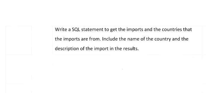 Write a SQL statement to get the imports and the countries that
the imports are from. Include the name of the country and the
description of the import in the results.
