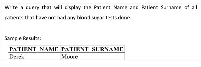 Write a query that will display the Patient_Name and Patient Surname of all
patients that have not had any blood sugar tests done.
Sample Results:
PATIENT_NAME
Derek
PATIENT SURNAME
Moore
