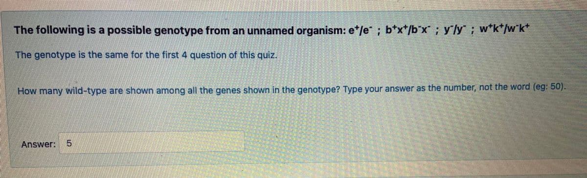 The following is a possible genotype from an unnamed organism: e*/e; b*x*/b*x ; y'ly ; w*k*/w°k*
The genotype is the same for the first 4 question of this quiz.
How many wild-type are shown among all the genes shown in the genotype? Type your answer as the number, not the word (eg: 50).
Answer: 5
