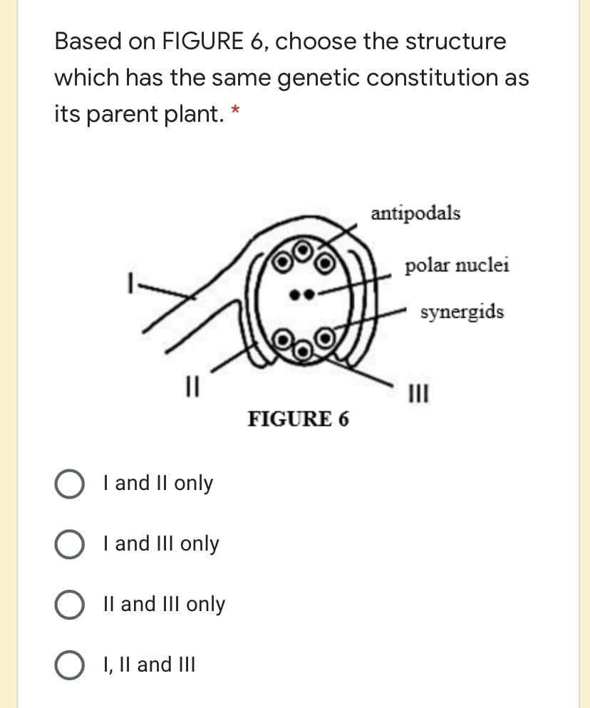 Based on FIGURE 6, choose the structure
which has the same genetic constitution as
its parent plant. *
antipodals
polar nuclei
synergids
II
FIGURE 6
O I and Il only
I and III only
O Il and III only
O I, Il and II
