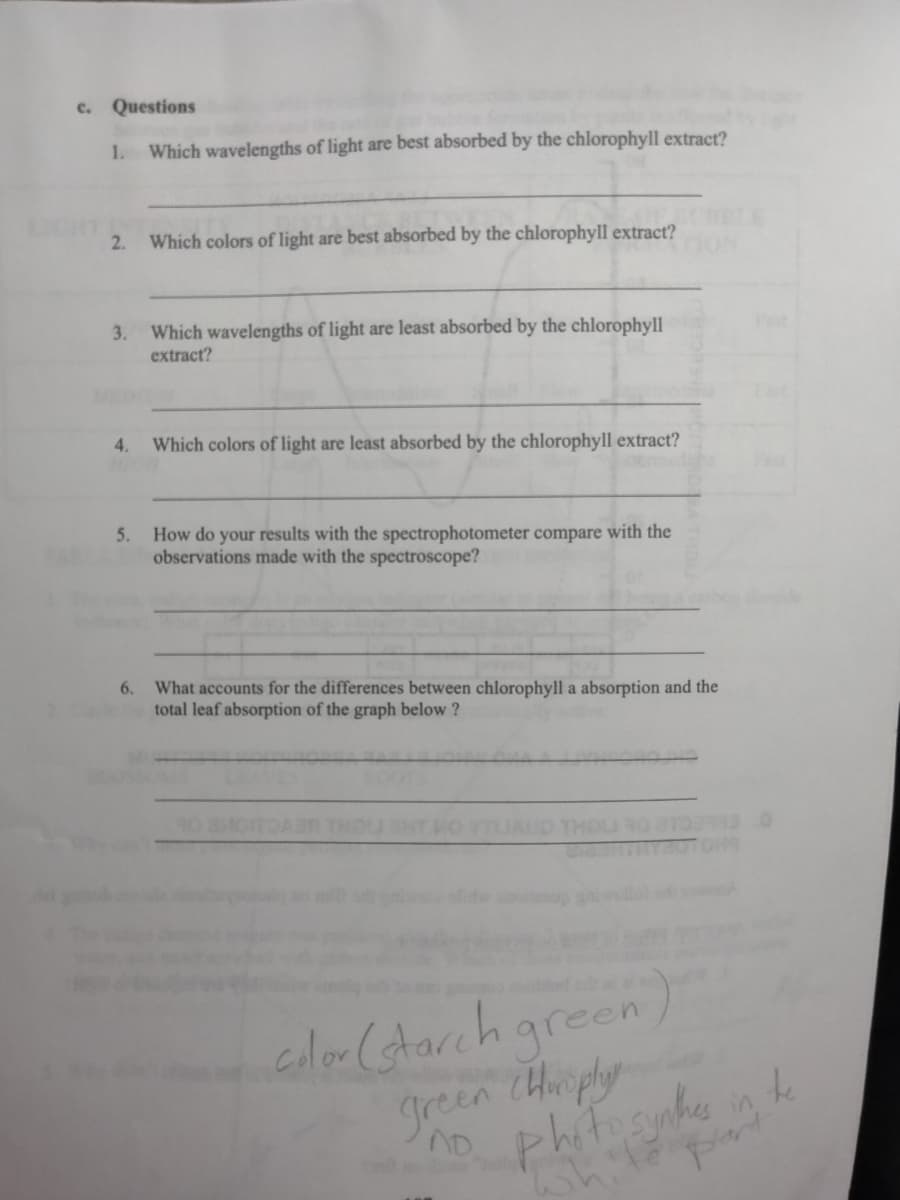 c. Questions
1. Which wavelengths of light are best absorbed by the chlorophyll extract?
2.
3.
Which colors of light are best absorbed by the chlorophyll extract?
Which wavelengths of light are least absorbed by the chlorophyll
extract?
4. Which colors of light are least absorbed by the chlorophyll extract?
6.
5. How do your results with the spectrophotometer compare with the
observations made with the spectroscope?
What accounts for the differences between chlorophyll a absorption and the
total leaf absorption of the graph below ?
THOU TO STO3743 .0
color (starch green)
green chrophy
Photosynthes in the
plant
AD