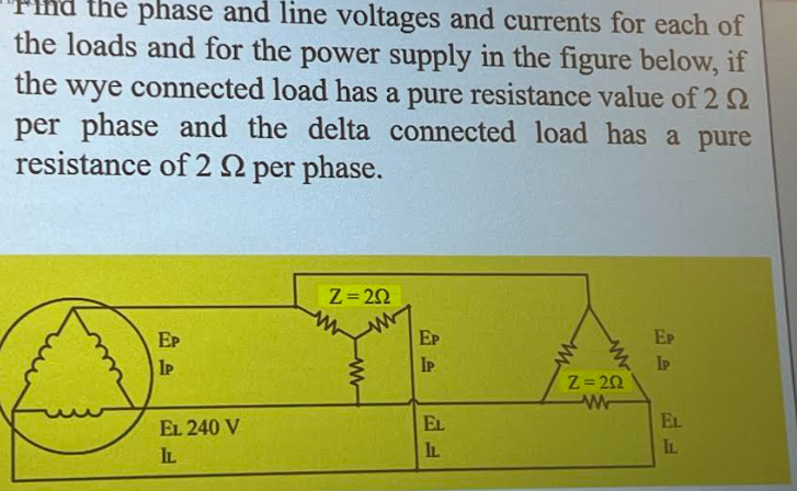 the phase and line voltages and currents for each of
the loads and for the power supply in the figure below, if
the wye connected load has a pure resistance value of 2 2
per phase and the delta connected load has a pure
resistance of 22 per phase.
EP
IP
EL 240 V
IL
Z=292
EP
IP
EL
IL
Z=2Q
w
EP
IP
EL
IL