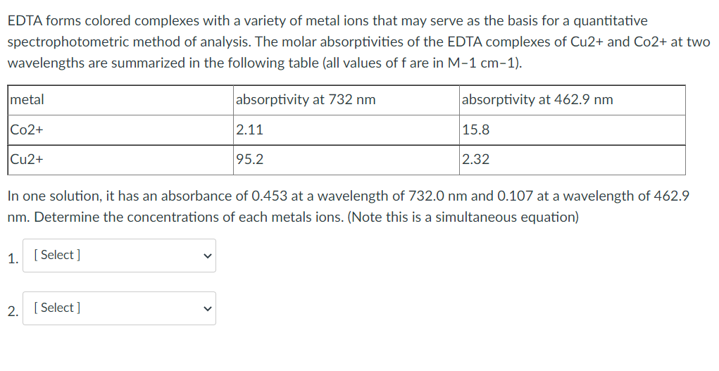 EDTA forms colored complexes with a variety of metal ions that may serve as the basis for a quantitative
spectrophotometric method of analysis. The molar absorptivities of the EDTA complexes of Cu2+ and Co2+ at two
wavelengths are summarized in the following table (all values of f are in M-1 cm-1).
metal
absorptivity at 732 nm
absorptivity at 462.9 nm
Co2+
2.11
15.8
Cu2+
95.2
2.32
In one solution, it has an absorbance of 0.453 at a wavelength of 732.0 nm and 0.107 at a wavelength of 462.9
nm. Determine the concentrations of each metals ions. (Note this is a simultaneous equation)
1.
[ Select ]
2.
[ Select ]
