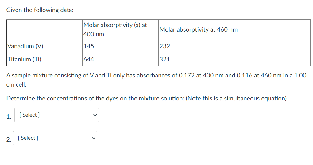 Given the following data:
Molar absorptivity (a) at
Molar absorptivity at 460 nm
400 nm
Vanadium (V)
145
232
Titanium (Ti)
644
321
A sample mixture consisting of V and Ti only has absorbances of 0.172 at 400 nm and 0.116 at 460 nm in a 1.00
cm cell.
Determine the concentrations of the dyes on the mixture solution: (Note this is a simultaneous equation)
1.
[ Select ]
2.
[ Select ]
