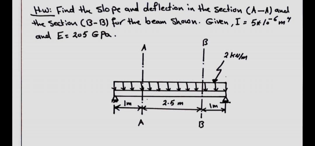 Hw: Find the slope and defledion in the section CA-A) and
the Section CB-B) for the beam Shown. Given, I = 5*166m
and Es 205 G Pa.
A
2 kuhm
2.5 m
Im
A
