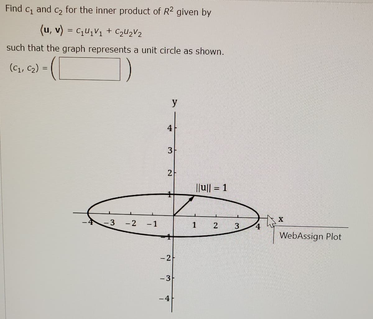 Find ₁ and ₂ for the inner product of R2 given by
(u, v) = C₁U₁V₁ + C₂42V2
such that the graph represents a unit circle as shown.
(C₁, C₂) = (
y
-3 -2 -1
4
3
2
+
1
-2
- 3
-4
|||u|| = 1
1
2
3
4
X
WebAssign Plot