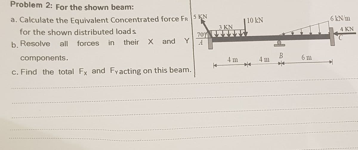 Problem 2: For the shown beam:
a. Calculate the Equivalent Concentrated force FR 5KN
10 kN
6 kN/m
3 KN
4 KN
for the shown distributed load s.
709
Y
b. Resolve
all forces
in
their X and
A
components.
4 m
В
4 m
6 m
c. Find the total Fx and Fyacting on this beam.
