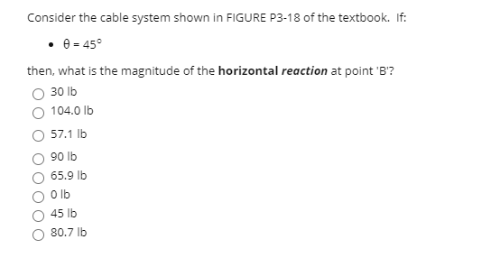 Consider the cable system shown in FIGURE P3-18 of the textbook. If:
• e = 45°
then, what is the magnitude of the horizontal reaction at point 'B'?
30 lb
104.0 lb
57.1 Ib
90 lb
65.9 lb
O lb
45 lb
80.7 Ib
