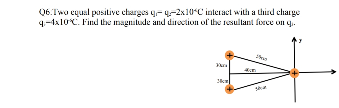 Q6:Two equal positive charges q= q;=2x10“C interact with a third charge
q.=4x10°C. Find the magnitude and direction of the resultant force on q3.
50cm
30cm
40cm
30cm
50cm
