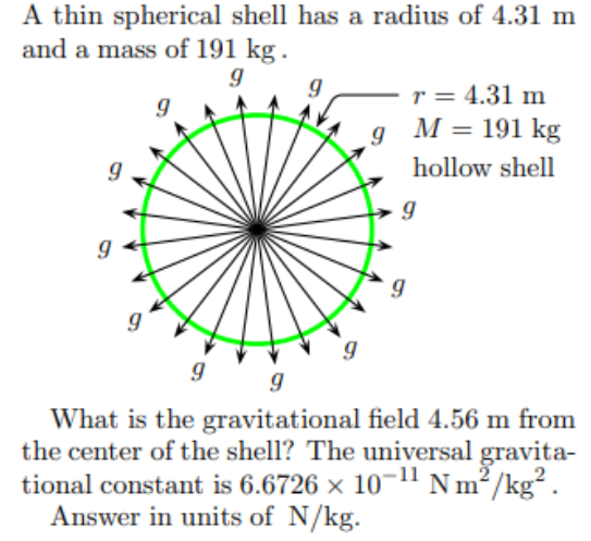 A thin spherical shell has a radius of 4.31 m
and a mass of 191 kg.
r = 4.31 m
M = 191 kg
hollow shell
What is the gravitational field 4.56 m from
the center of the shell? The universal gravita-
tional constant is 6.6726 x 10-" Nm²/kg².
Answer in units of N/kg.
-11

