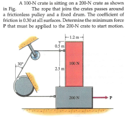 A 100-N crate is sitting on a 200-N crate as shown
The rope that joins the crates passes around
in Fig.
a frictionless pulley and a fixed drum. The coefficient of
friction is 0.30 at all surfaces. Determine the minimum force
P that must be applied to the 200-N crate to start motion.
F12m
0.5 m
30
100 N
2.5 m
200 N
P
