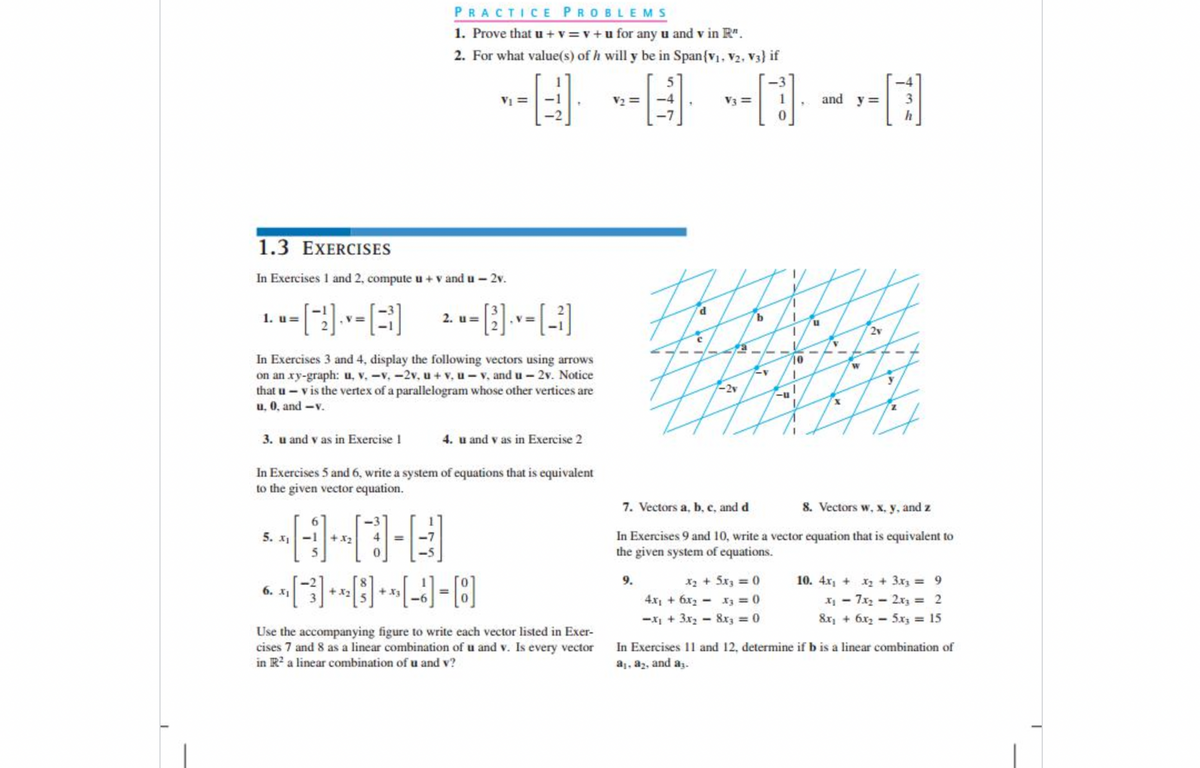 PRACTICE PROBLEMS
1. Prove that u + v =v + u for any u and v in R".
2. For what value(s) of h will y be in Span{v. V2. V3) if
-3
VI
V2 =
V3 =
and y =
1.3 EXERCISES
In Exercises 1 and 2, compute u + v and u - 2v.
1. u=
2. u=
2v
In Exercises 3 and 4, display the following vectors using arrows
on an xy-graph: u, v. -v,-2v, u+ v, u- v, and u - 2v. Notice
that u - v is the vertex of a parallelogram whose other vertices are
u, 0, and -v.
-2v
3. u and v as in Exercise I
4. u and v as in Exercise 2
In Exercises 5 and 6, write a system of equations that is equivalent
to the given vector equation.
7. Vectors a, b, c, and d
8. Vectors w, x, y. and z
In Exercises 9 and 10, write a vector equation that is equivalent to
the given system of equations.
5. x1
-1
+ x2
X2 + 5x3 = 0
4.x + 6x2 - x3 = 0
9.
10. 4x, + x2 + 3xrz = 9
6. x1
+x2
+ x3
I - 7x - 2x3 = 2
&x, + 6x2 - 5x3 = 15
-x + 3x2 - 8x3 = 0
Use the accompanying figure to write each vector listed in Exer-
cises 7 and 8 as a linear combination of u and v. Is every vector
in R? a linear combination of u and v?
In Exercises 11 and 12, determine if b is a linear combination of
a, az, and a;.
