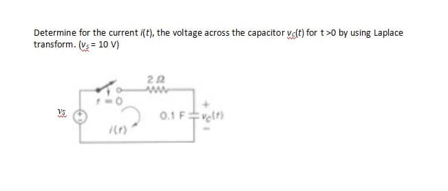 Determine for the current i(t), the voltage across the capacitor vc(t) for t>0 by using Laplace
transform. (vs = 10 V)
0.1 Fvelt)
Vs
