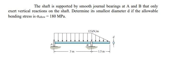 The shaft is supported by smooth journal bearings at A and B that only
exert vertical reactions on the shaft. Determine its smallest diameter d if the allowable
bending stress is Oallow = 180 MPa.
12 kN/m
B
3 m
-1.5 m -
