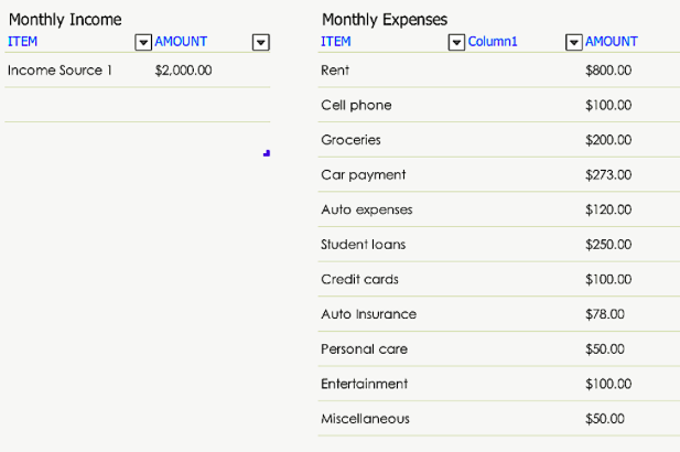 Monthly Income
Monthly Expenses
ITEM
JAMOUNT
ITEM
]Column1
|AMOUNT
Income Source 1
$2.000.00
Rent
$800.00
Cell phone
$100.00
Groceries
$200.00
Car payment
$273.00
Auto expenses
$120.00
Student loans
$250.00
Credit cards
$100.00
Auto Insurance
$78.00
Personal care
$50.00
Entertainment
$100.00
Miscellaneous
$50.00

