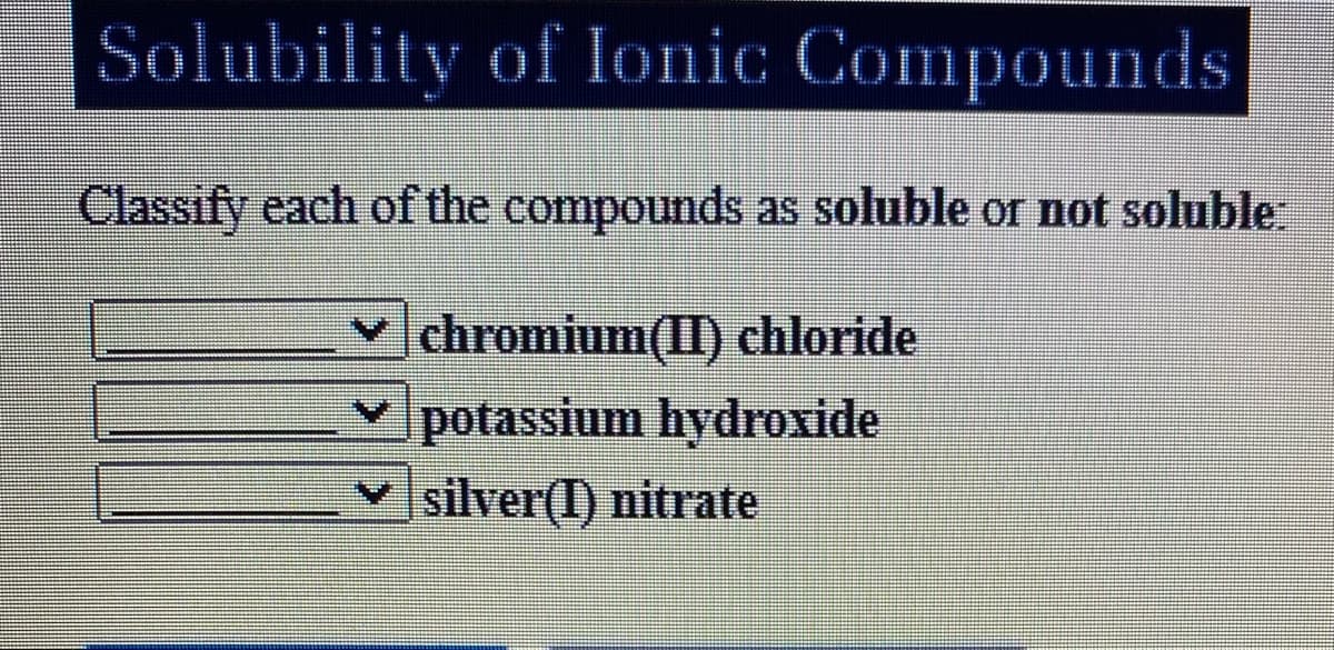 Solubility of Ionic Compounds
Classify each of the compounds as soluble or not soluble
chromium(II) chloride
v potassium hydroxide
Vsilver(I) nitrate

