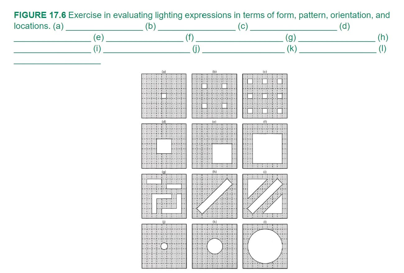 FIGURE 17.6 Exercise in evaluating lighting expressions in terms of form, pattern, orientation, and
locations. (a)
(b).
(c)
(d)
(f),
.()
(g)
(k)
(h)
(1)
(i)
(a)
(b)
(c)
(d)
(e)
(h)
(j)
(k)
