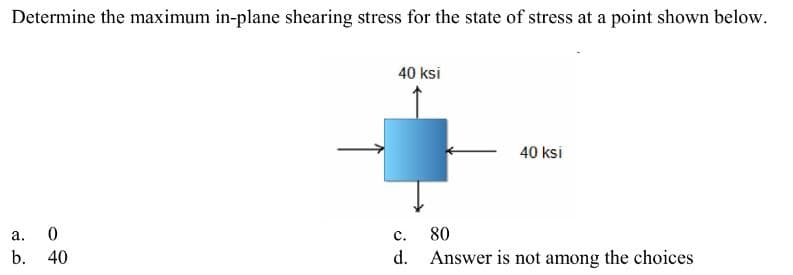 Determine the maximum in-plane shearing stress for the state of stress at a point shown below.
a. 0
b. 40
40 ksi
40 ksi
C.
80
d. Answer is not among the choices