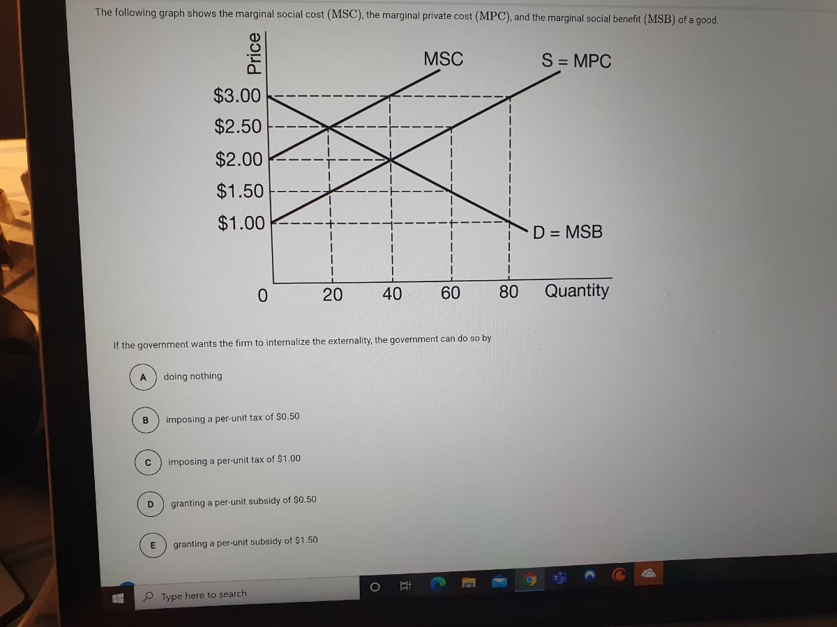 The following graph shows the marginal social cost (MSC), the marginal private cost (MPC), and the marginal social benefit (MSB) of a good.
MSC
S = MPC
$3.00
$2.50
$2.00
$1.50
$1.00
D = MSB
40
60
80
Quantity
If the government wants the firm to internalize the externality, the government can do so by
A
doing nothing
imposing a per-unit tax of $0.50
imposing a per-unit tax of $1.00
granting a per-unit subsidy of $0.50
E
granting a per-unit subsidy of $1.50
P Type here to search
| 0
20
