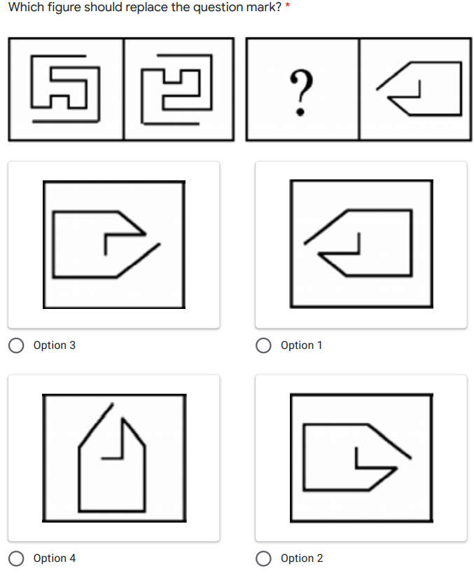 Which figure should replace the question mark?
Option 3
Option 1
Option 4
O Option 2
