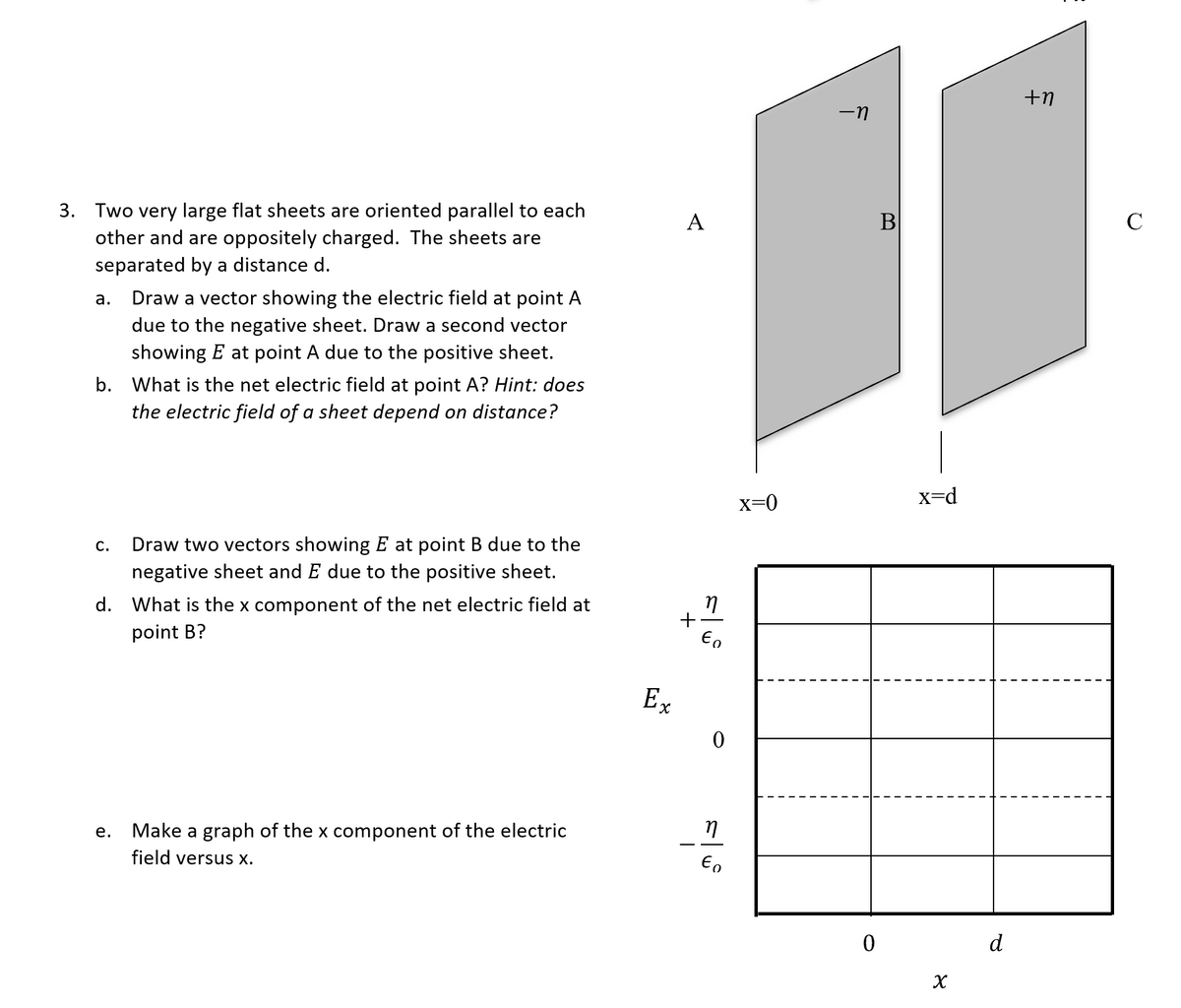 +n
-n
3. Two very large flat sheets are oriented parallel to each
other and are oppositely charged. The sheets are
separated by a distance d.
A
B
C
Draw a vector showing the electric field at point A
due to the negative sheet. Draw a second vector
showing E at point A due to the positive sheet.
а.
b. What is the net electric field at point A? Hint: does
the electric field of a sheet depend on distance?
x=0
x=d
Draw two vectors showing E at point B due to the
negative sheet and E due to the positive sheet.
С.
d. What is the x component of the net electric field at
point B?
Ex
Make a graph of the x component of the electric
е.
field versus x.
d
