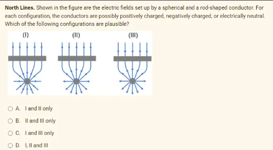 North Lines. Shown in the figure are the electric fields set up by a spherical and a rod-shaped conductor. For
each configuration, the conductors are possibly positively charged, negatively charged, or electrically neutral.
Which of the following configurations are plausible?
(1)
O A. I and Il only
B. Il and III only
OC. I and IIl only
OD. 1,Il and III
