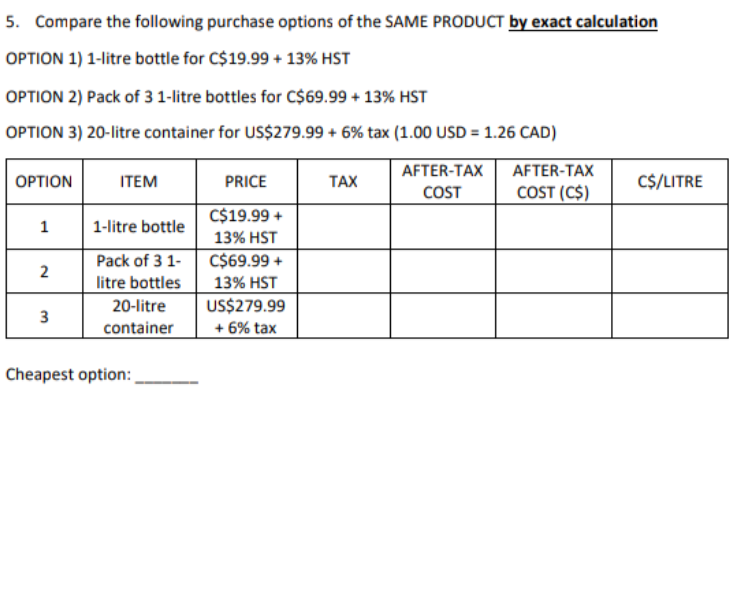 5. Compare the following purchase options of the SAME PRODUCT by exact calculation
OPTION 1) 1-litre bottle for C$19.99 + 13% HST
OPTION 2) Pack of 3 1-litre bottles for C$69.99 + 13% HST
OPTION 3) 20-litre container for US$279.99 + 6% tax (1.00 USD = 1.26 CAD)
AFTER-TAX
OPTION
ITEM
PRICE
TAX
AFTER-TAX
COST
C$/LITRE
COST (C$)
C$19.99 +
1
1-litre bottle
13% HST
Pack of 3 1-
C$69.99 +
2
litre bottles
13% HST
US$279.99
3
20-litre
container
+ 6% tax
Cheapest option: